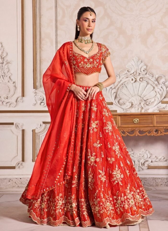 Rust Orange Embroidered Organza Lehenga Set