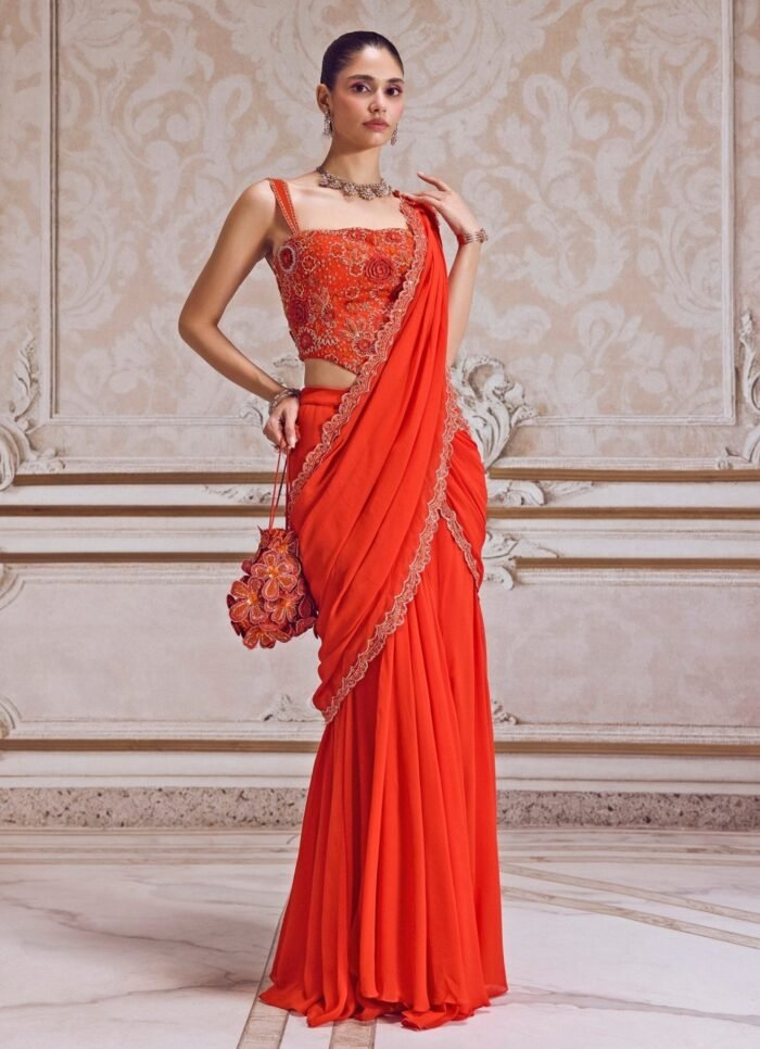 Rust Orange Georgette Pre Draped Saree With Corset Blouse