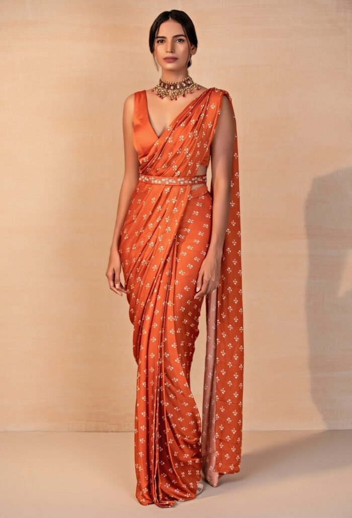 Rust Orange Printed Satin Pre-Draped Saree
