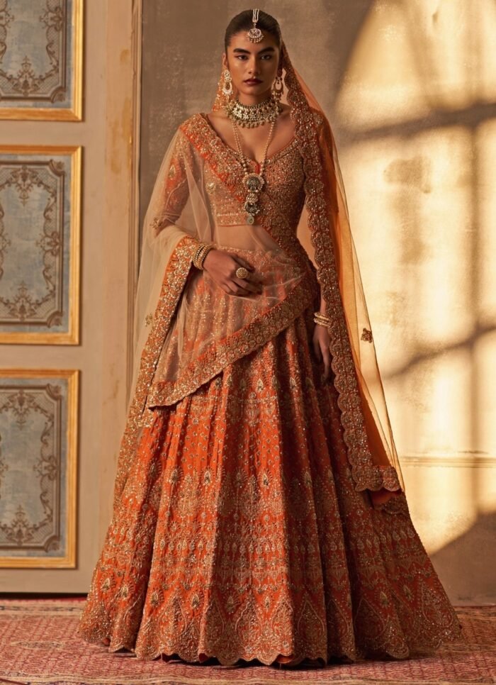 Rust Orange Raw Silk Double Dupatta Bridal Lehenga Set