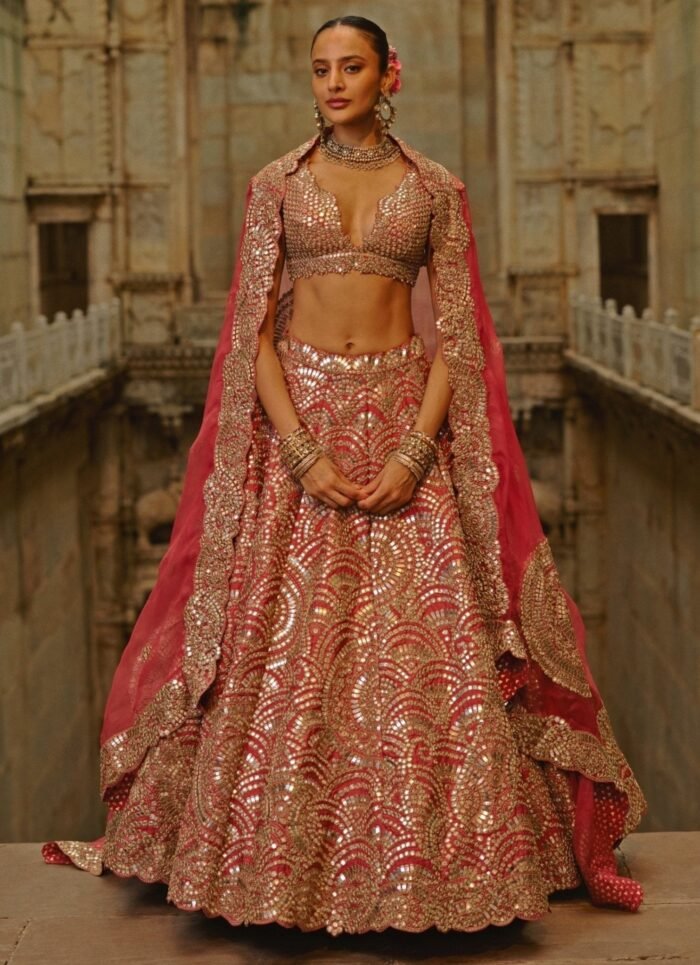 Rust Red Taffeta Mirror Lehenga Set