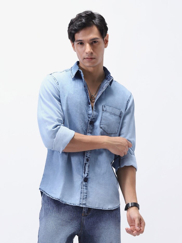 Men's Ice Blue Regular Fit Full Sleeve Washed Denim Shirt