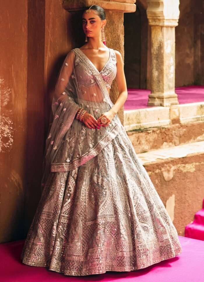 Silver Grey Organza Lehenga