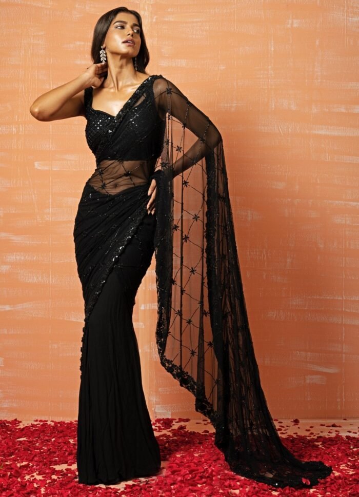 Sizzling Black Hand Embroidered Saree