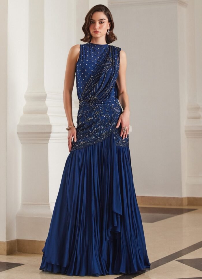 Teal Blue Embroidered Georgette Predraped Saree