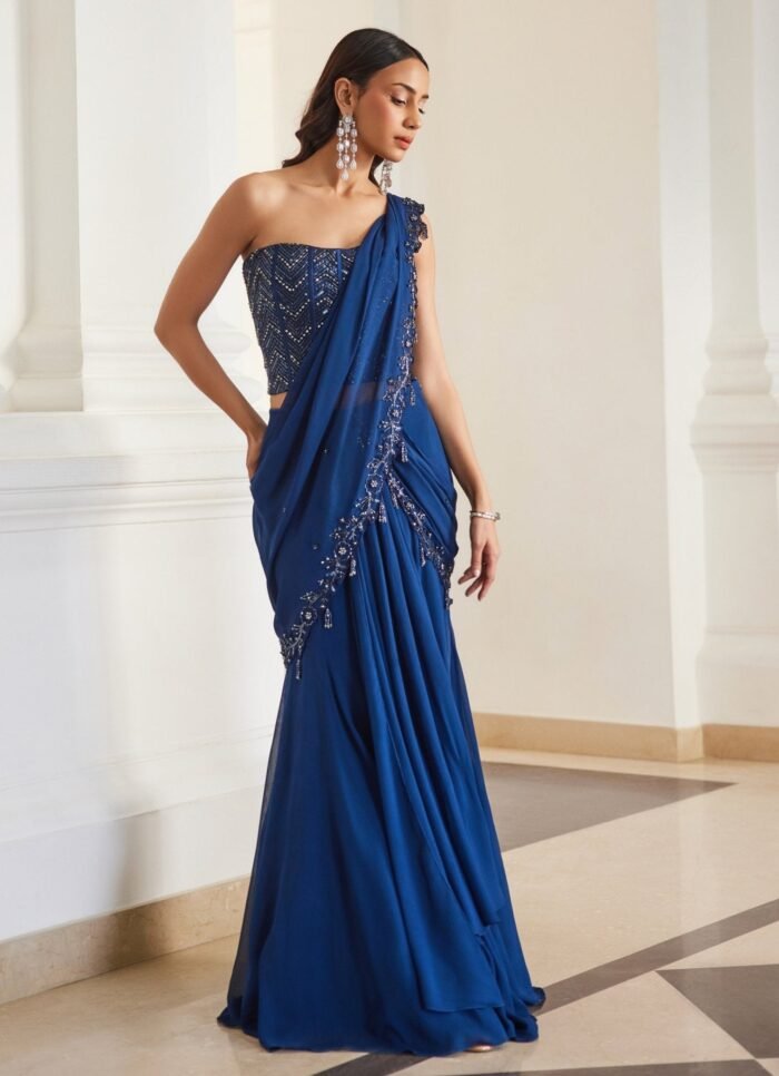 Teal Blue Embroidered Georgette Saree With Corset