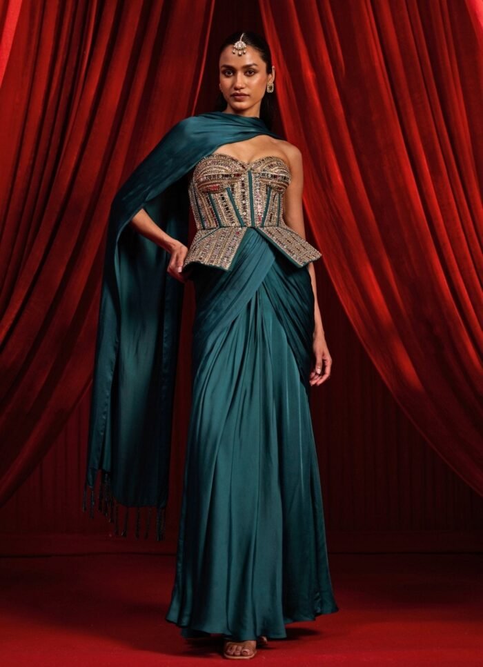 Teal Green Satin Concept Saree With Corset