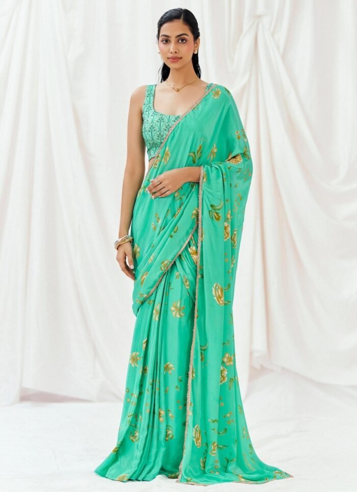 Turquoise Blue Printed Crepe Predraped Saree