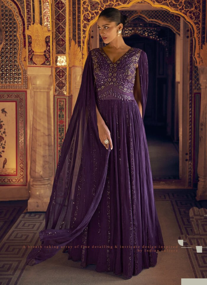 Women's Violet Viscos Simmer Jacquard Silk Embroidered Gown