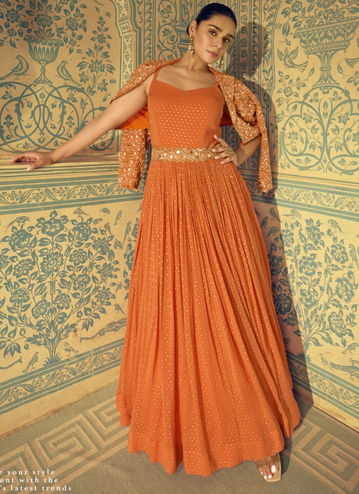 Women's Orange Viscos Simmer Jacquard Silk Embroidered Gown