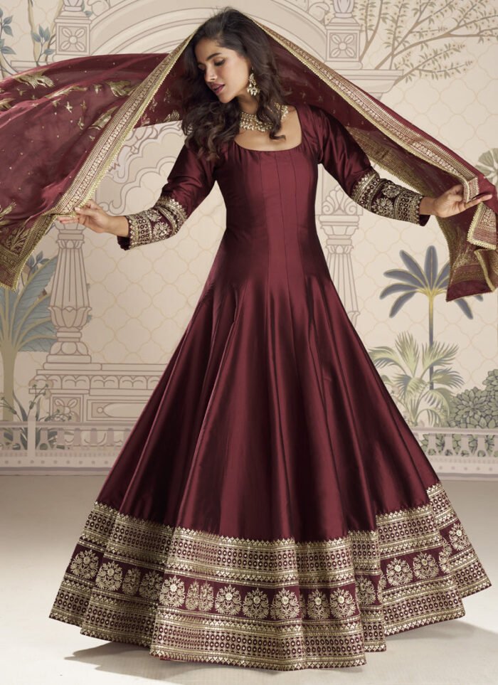 Women's Maroon Viscos Jacquard Silk Embroidered Gown With Viscos Dupatta