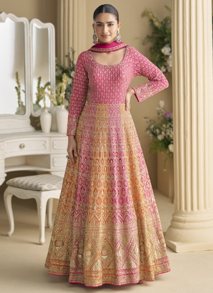Women's Pink Embroidered Seroski Zarkan Gown With Embroidered Dupatta