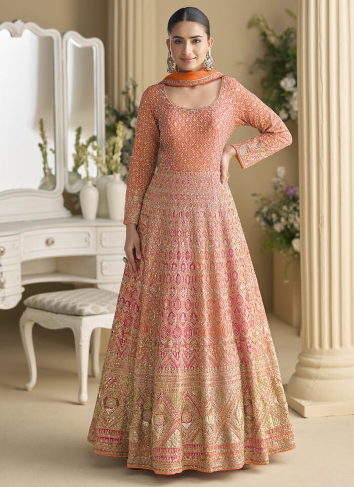 Women's Orange Embroidered Seroski Zarkan Gown With Embroidered Dupatta
