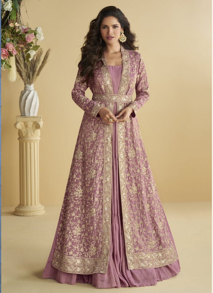 Women's Onion Pink Chinon Silk Embroidered Designer Gown With Strug