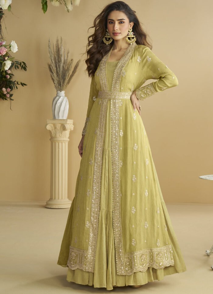 Women's Lemon Yellow Chinon Silk Embroidered Designer Gown With Strug
