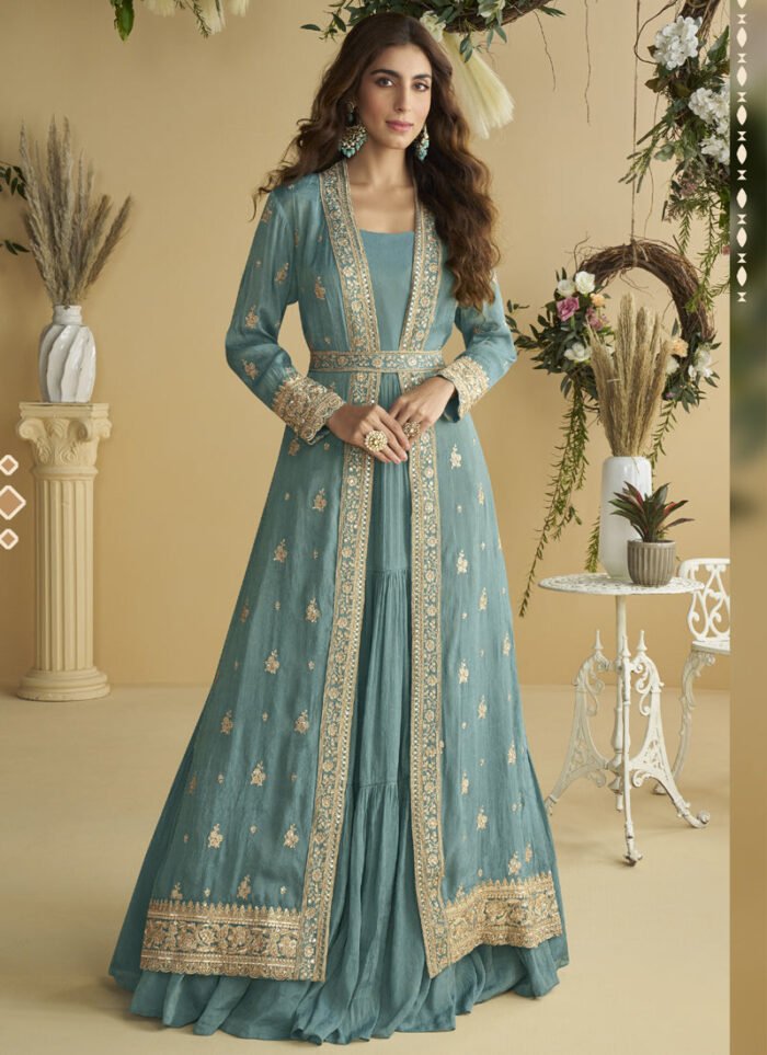 Women's Sky Blue Chinon Silk Embroidered Designer Gown With Strug