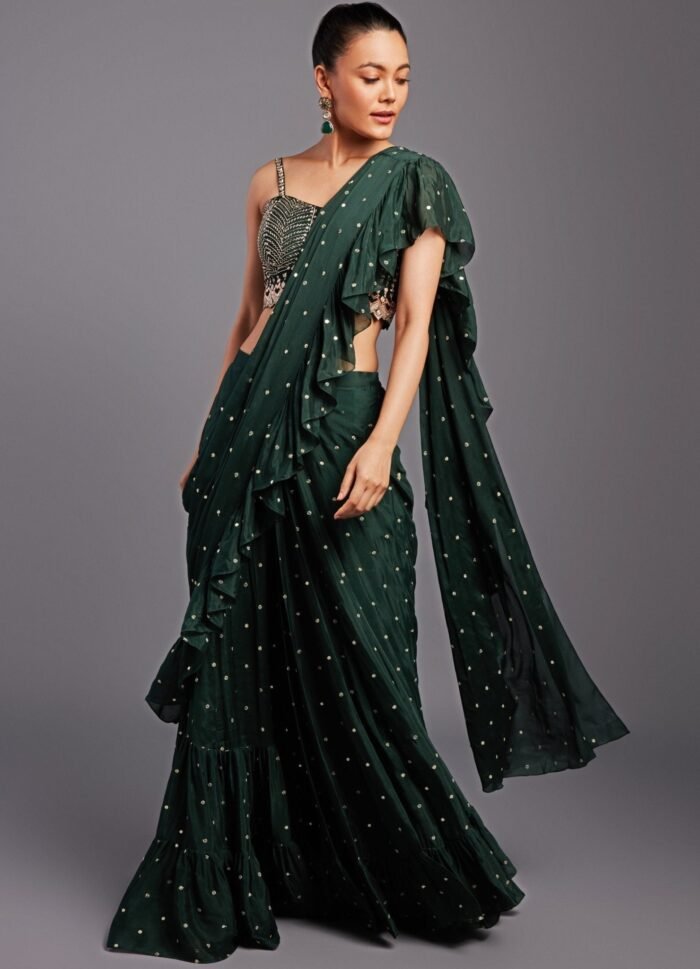 Veronica Forest Green Pre-Stitched Ruffle Saree