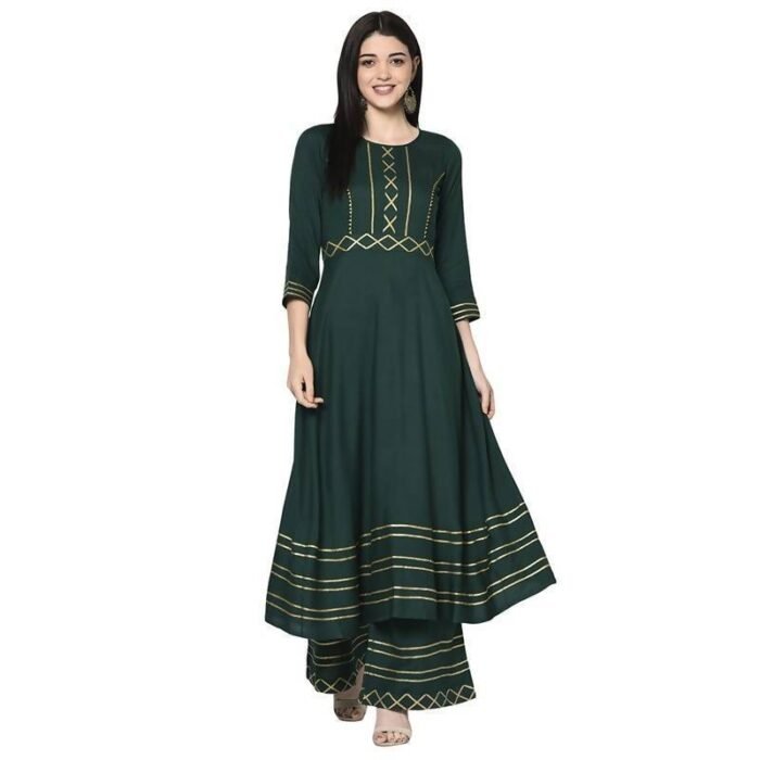 Women Bottle Green Rayon Anarkali Kurta with Palazzo by Hello Hi (