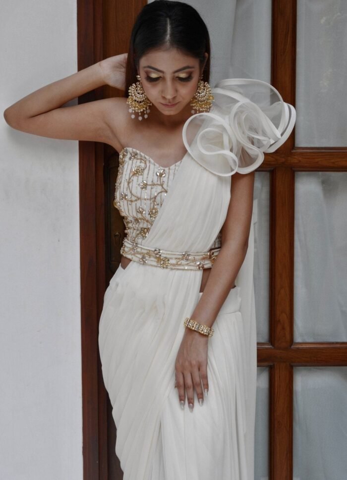 White And Gold Pre Draped Saree