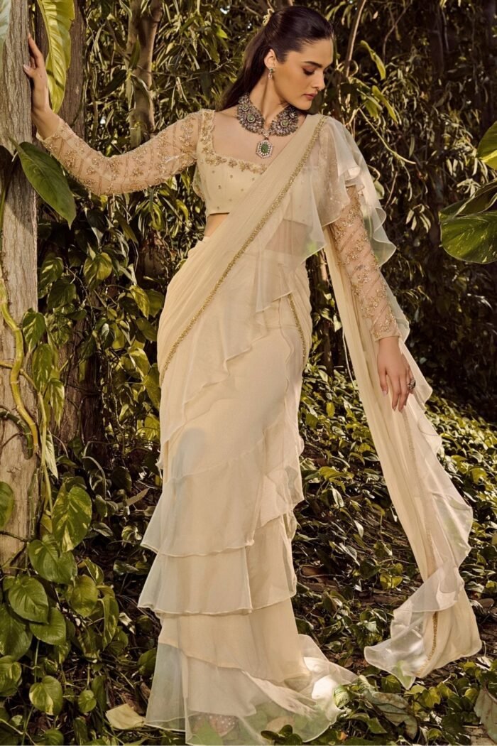 White Pre Draped Georgette Ruffle Saree