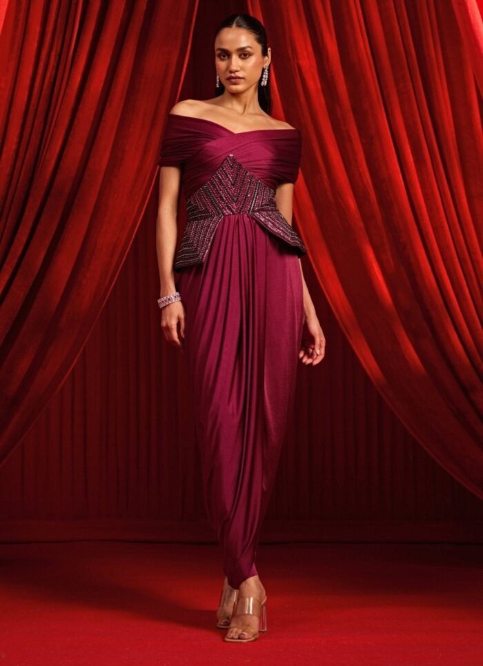 Wine Lycra Concept Saree With Corset