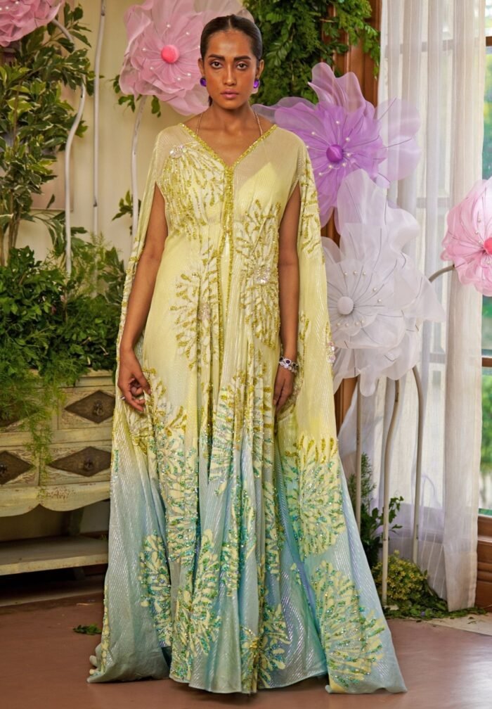 Yellow And Aqua Blue Ombre Sequin Embroidered Kaftan