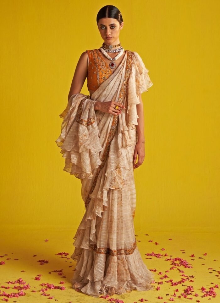 Yellow And Ivory Embroidered Georgette Ruffle Saree