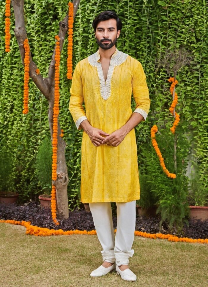 Yellow and Ivory Silk Kurta Set