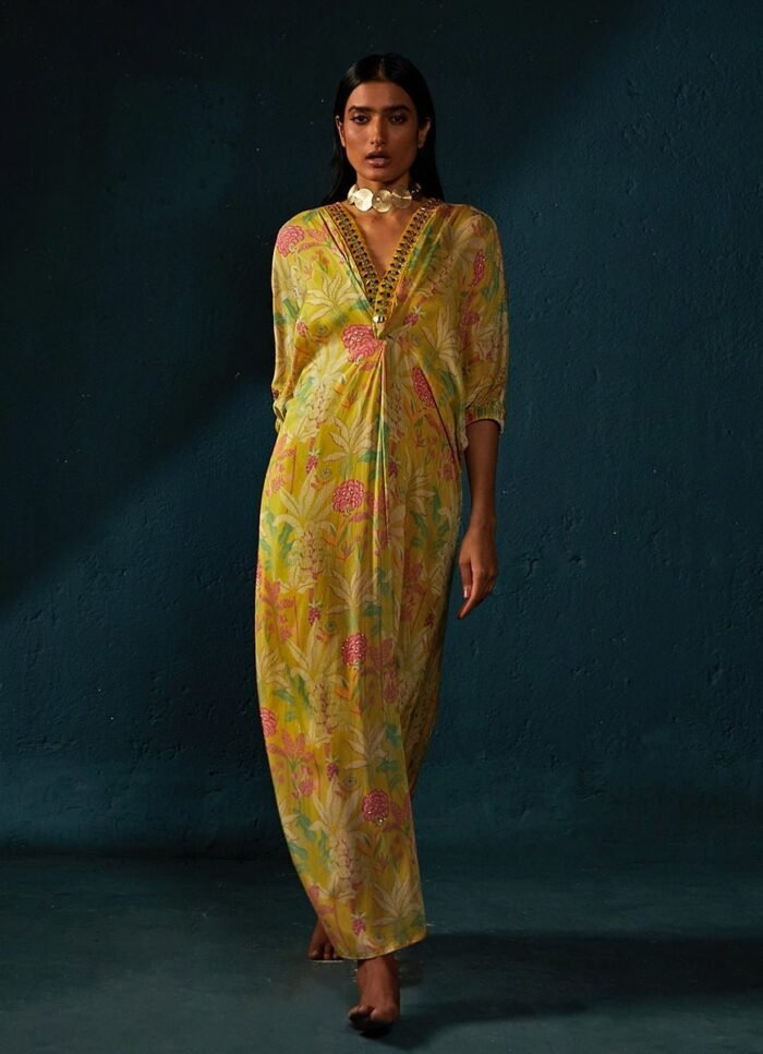 Yellow Cheerful Printed Chiffon Long Kaftan