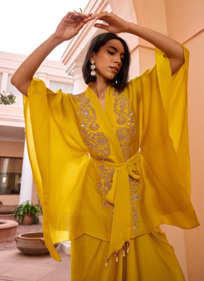 Yellow Embroidered Kimono Top With Belt