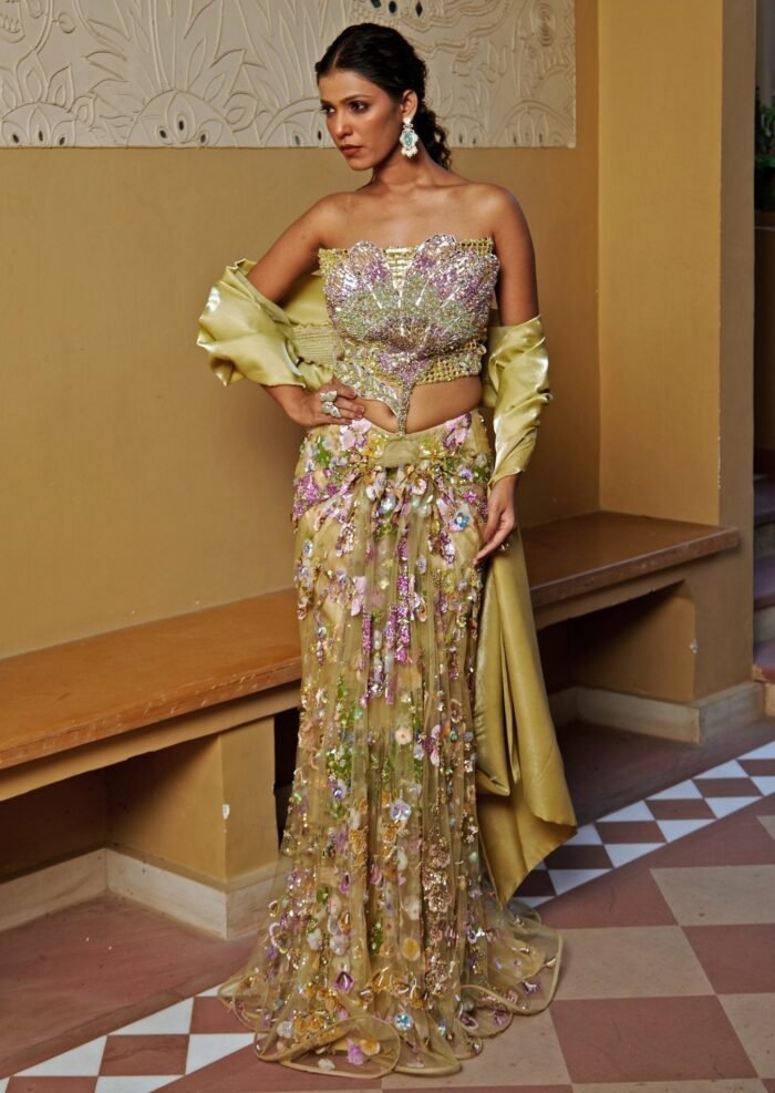 Yellow Embroidered Pre-Draped Skirt Saree With Corset Blouse