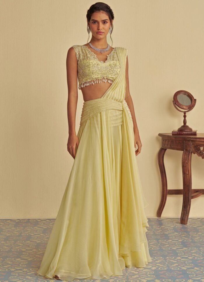 Yellow Embroidered Predraped Skirt Saree