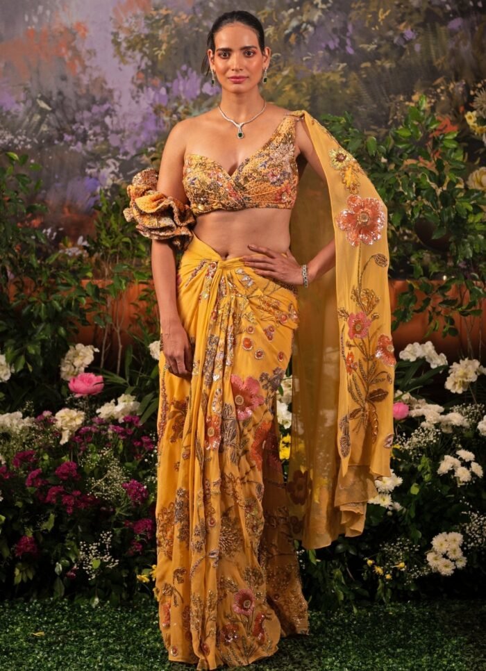 Yellow Floral Printed Pre Draped Georgette Saree