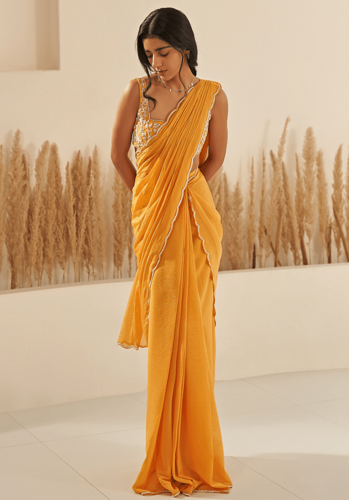 Yellow Georgette Embroidered Draped Saree