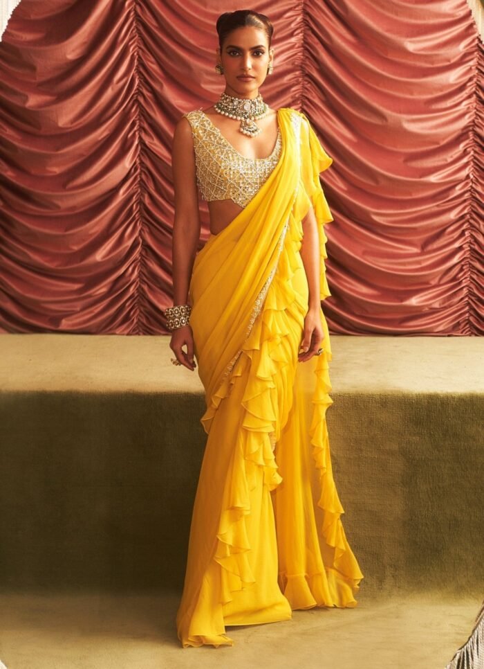 Yellow Pre Draped Georgette Ruffle Saree