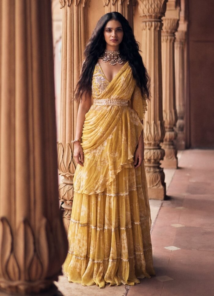Yellow Printed Chiffon Predraped Saree