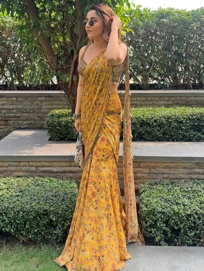 Yellow Printed Chinon Pre-Draped Saree
