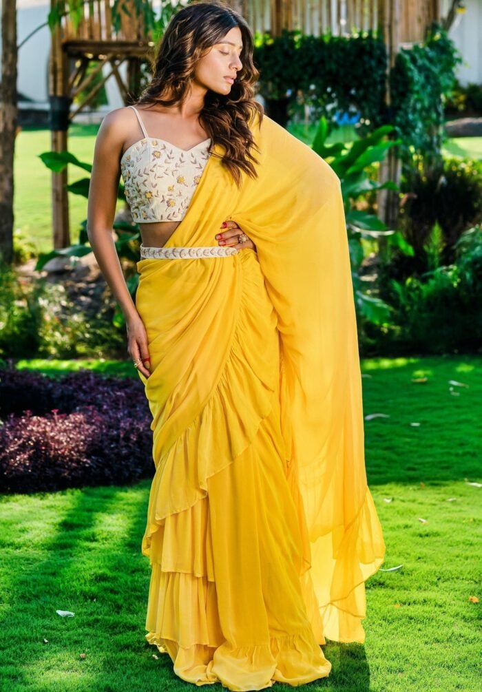 Yellow Ruffled Predraped Georgette Saree With Belt