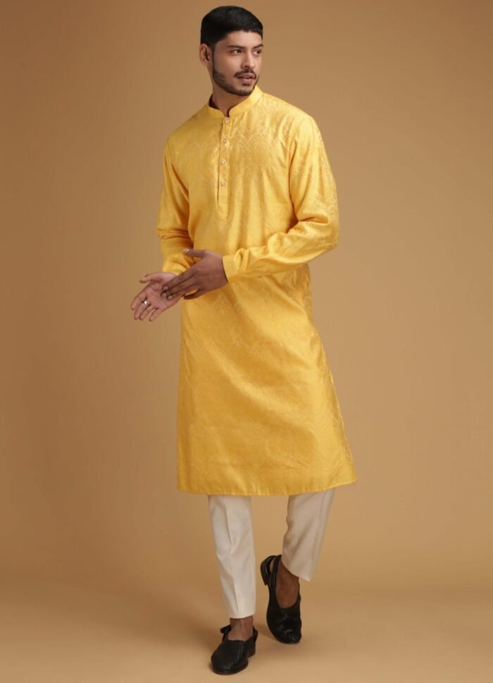 Yellow Self Design Silk Kurta Set