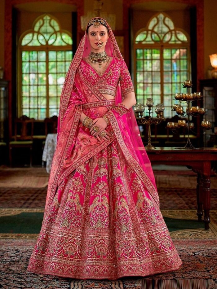 Silk Traditional Wedding Reception Bridal Lehenga In White and Pink color-41101