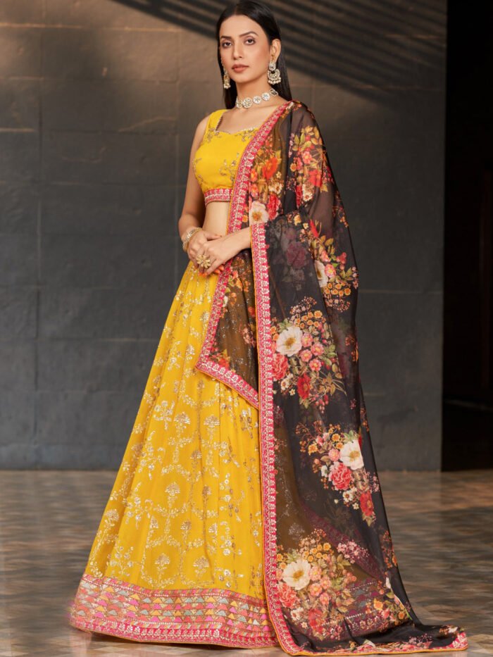 Georgette Traditional Reception Semi-Stitched Lehenga Choli In Yellow color-40983
