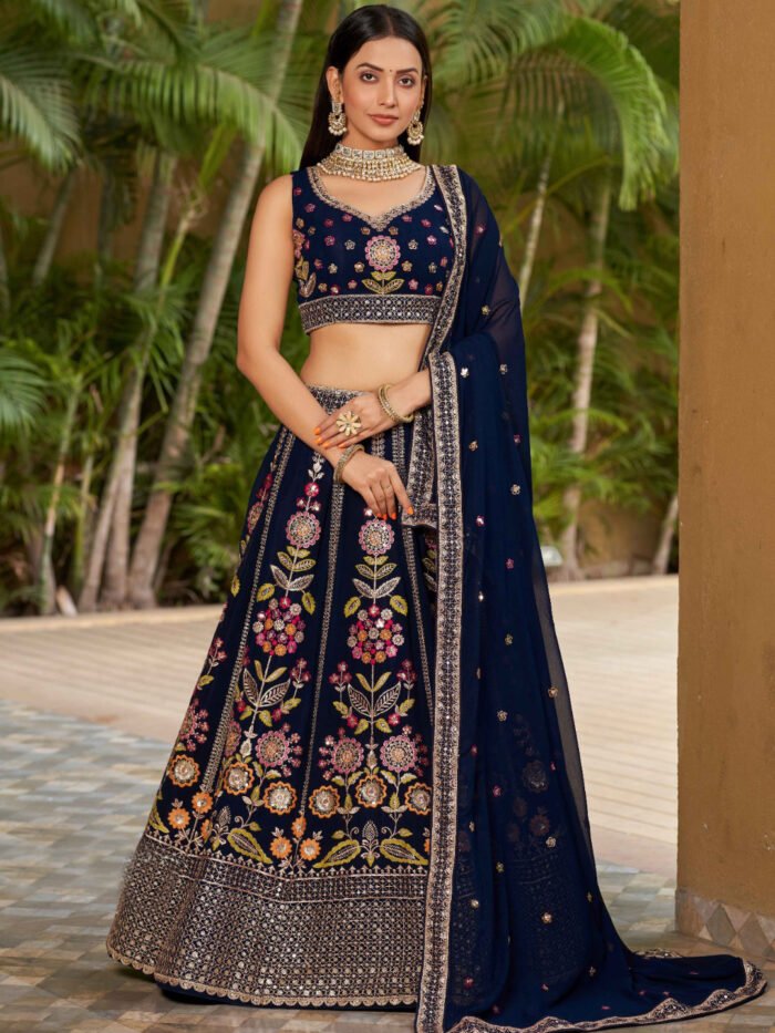Georgette Traditional Reception Semi-Stitched Lehenga Choli In Blue color-40985