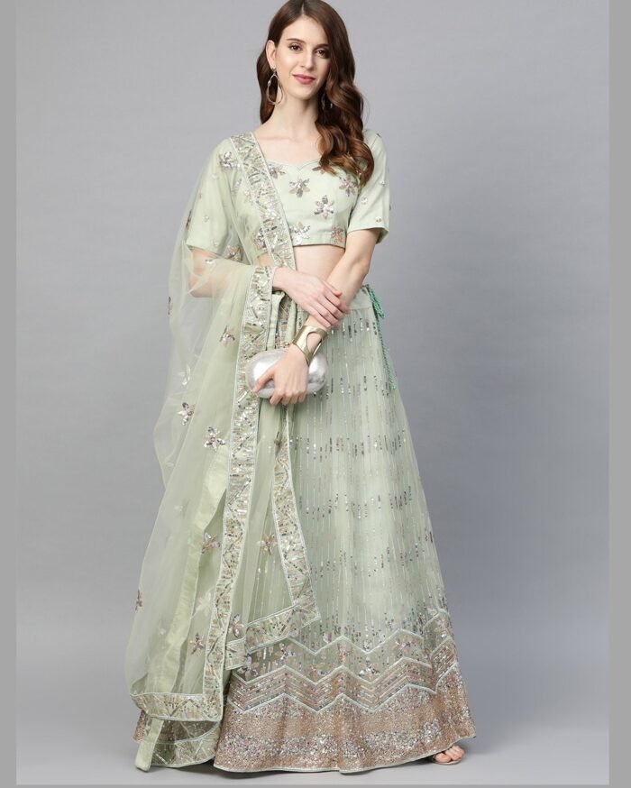 Sea Green Color Soft Women Customized Net Embroidered Lehenga For Wedding