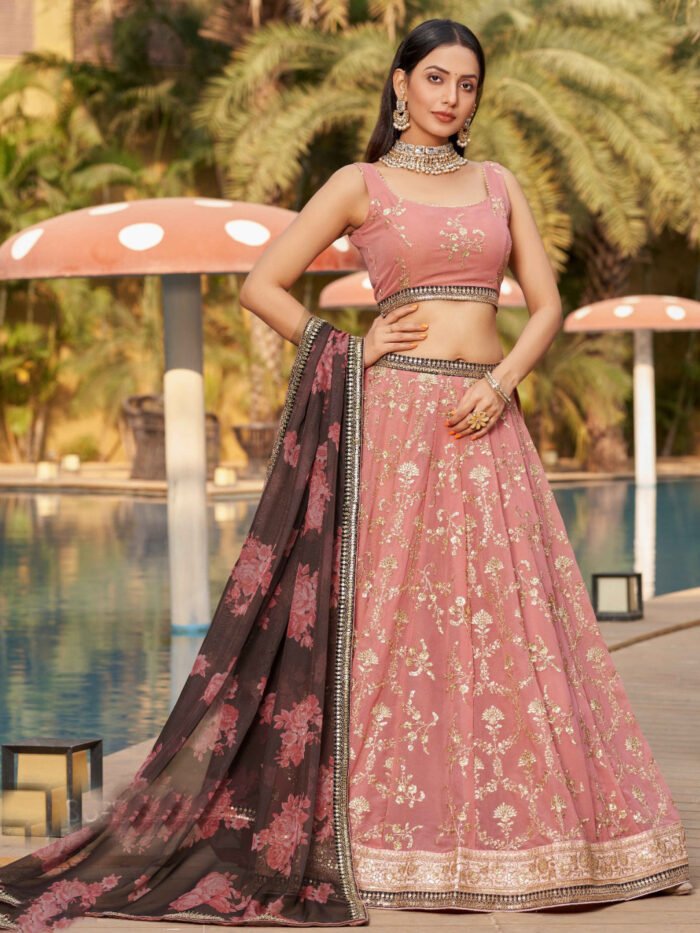 Georgette Traditional Reception Semi-Stitched Lehenga Choli In Peach color-40987