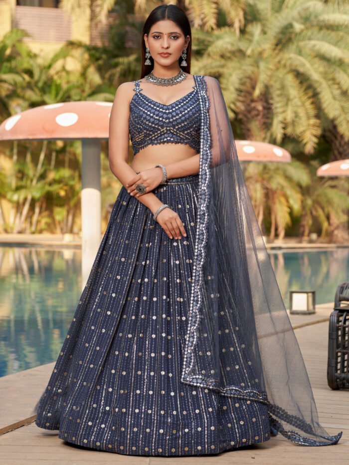 Georgette Traditional Reception Semi-Stitched Lehenga Choli In Grey color-40988