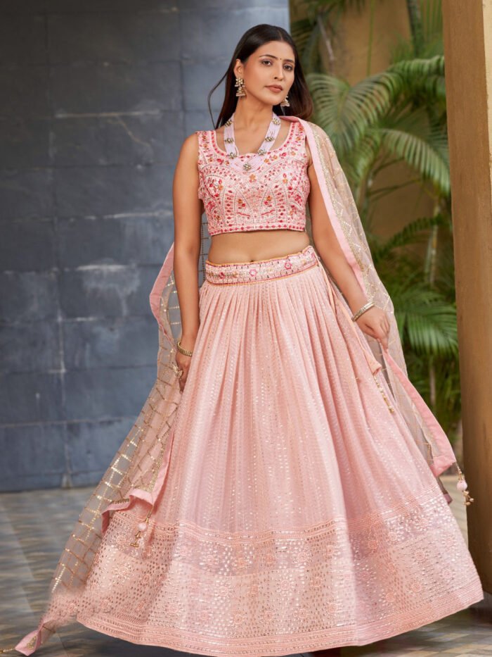Georgette Traditional Reception Semi-Stitched Lehenga Choli In pink color-40991
