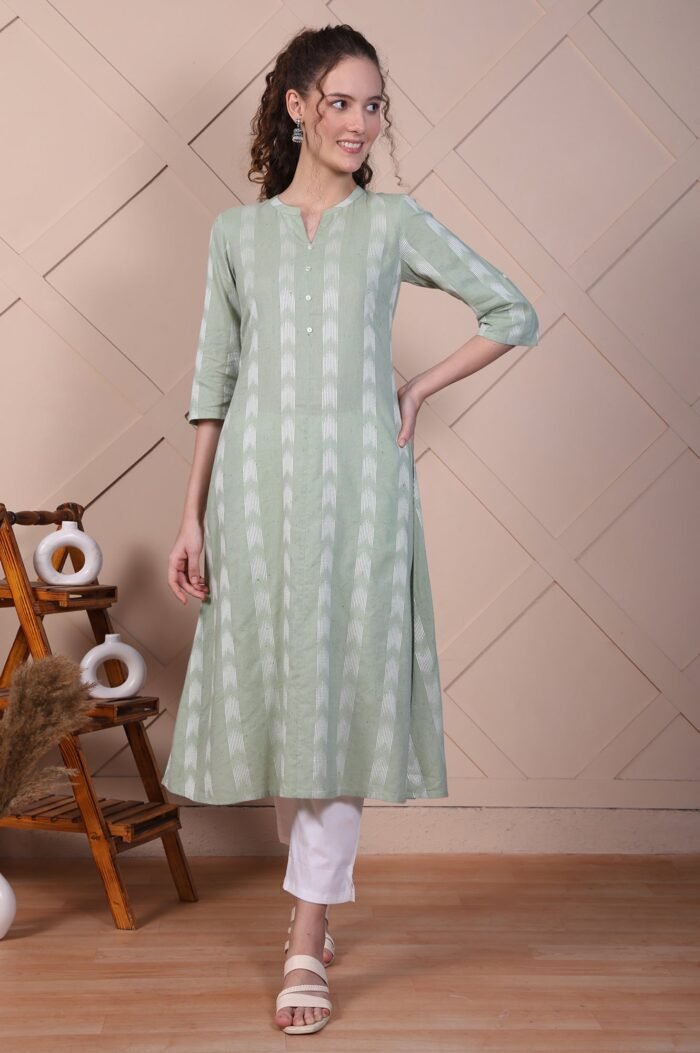 Green Dobby A-line Casual Kurta in Mandarin Collar