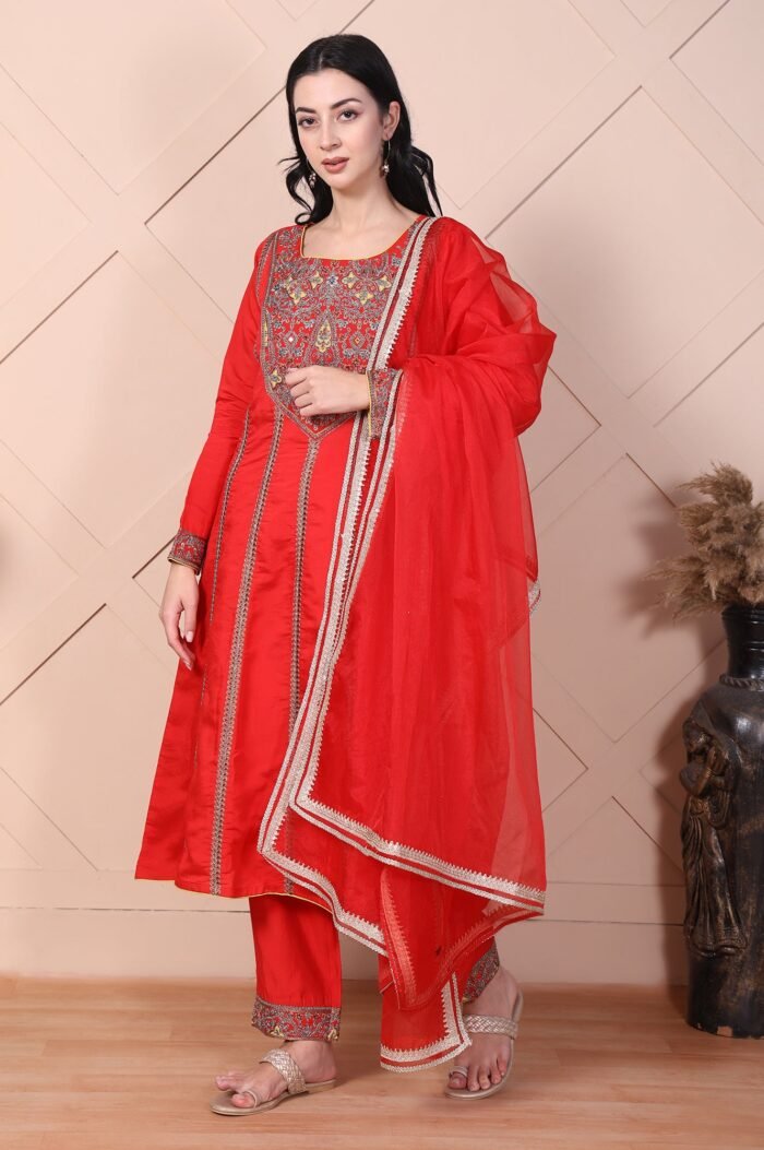 Red Mirror Work A-Line Kurta with Pant and Dupatta