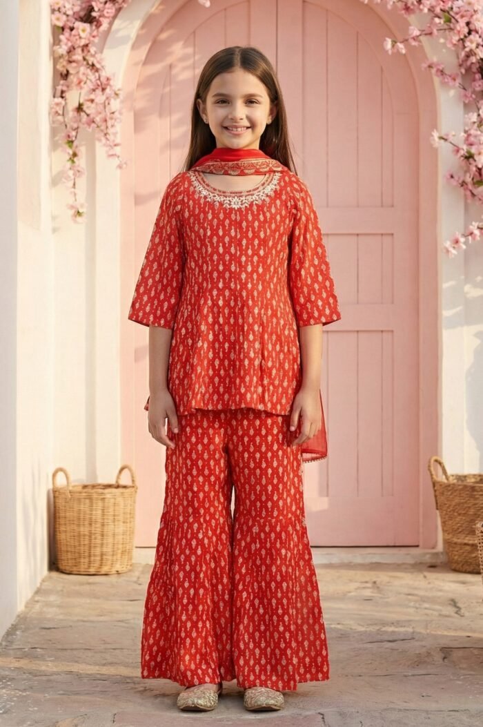 Girls' Red Ethnic Motifs Embroidered Georgette Straight Kurta with Sharara and Dupatta Set