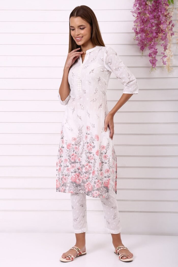 White Floral Printed Schiffily Embroidered Pure Cotton Straight Kurta and Trousers Co-ord Set